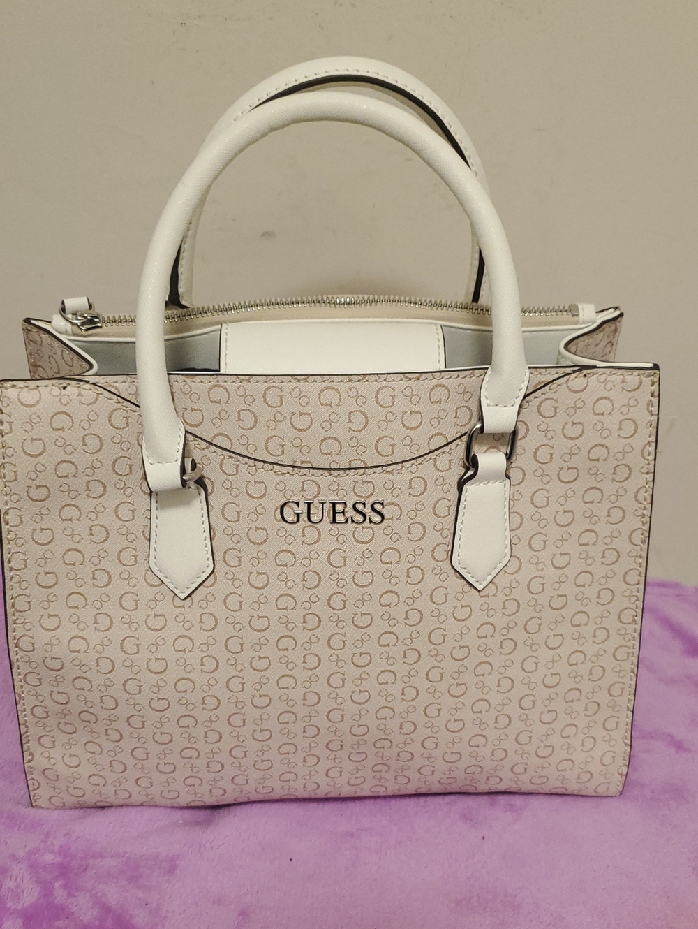 GUESS White and Beige Monogram Satchel